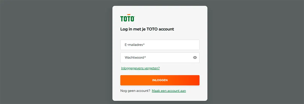 TOTO casino login popup in Dutch with fields for email address and password, a “Inloggen” (Log In) button, a forgotten login details link, and an option to create a new account on a clean grey background.